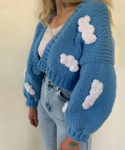 Trendy & Unique Cute Cloud Studded Bishop Sleeve Open Front Cardigan - Blue What's New