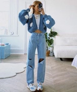 Trendy & Unique Cute Cloud Studded Bishop Sleeve Open Front Cardigan - Blue What's New