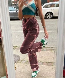 Trendy & Unique What's New '90s Bleach Tie Dye High Waist Straight Leg Jeans - Coffee