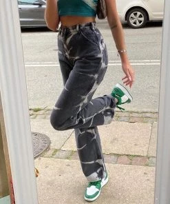 Trendy & Unique '90s Bleach Tie Dye High Waist Straight Leg Jeans - Gray What's New