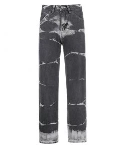 Trendy & Unique '90s Bleach Tie Dye High Waist Straight Leg Jeans - Gray What's New