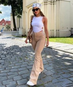 Trendy & Unique '90s High Waist Flayed Flare Hem Skinny Bell Jeans - Khaki