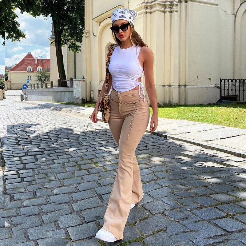 Trendy & Unique '90s High Waist Flayed Flare Hem Skinny Bell Jeans - Khaki 4 Trendy & Unique '90s High Waist Flayed Flare Hem Skinny Bell Jeans - Khaki