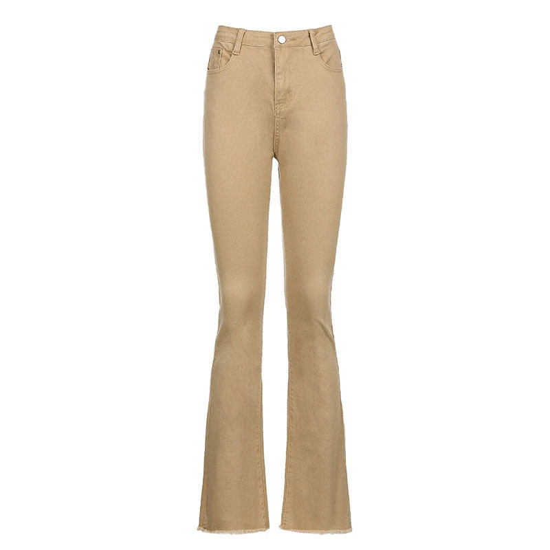 Trendy & Unique '90s High Waist Flayed Flare Hem Skinny Bell Jeans - Khaki 6 Trendy & Unique '90s High Waist Flayed Flare Hem Skinny Bell Jeans - Khaki