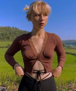 Trendy & Unique What's New '90s Scalloped Lace Button Down Long Sleeve Rib Knit Crop Top - Coffee