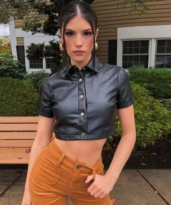 Trendy & Unique 90s Short Sleeve Button Up Collared Crop Leather Blouse - Black What's New