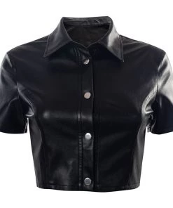 Trendy & Unique 90s Short Sleeve Button Up Collared Crop Leather Blouse - Black What's New 10 Trendy & Unique 90s Short Sleeve Button Up Collared Crop Leather Blouse - Black What's New