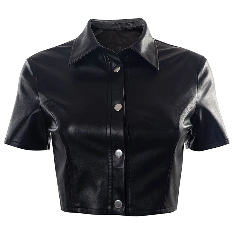 Trendy & Unique 90s Short Sleeve Button Up Collared Crop Leather Blouse - Black What's New 6 Trendy & Unique 90s Short Sleeve Button Up Collared Crop Leather Blouse - Black What's New