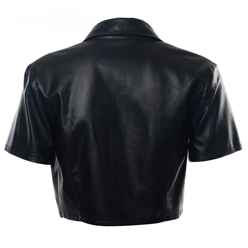 Trendy & Unique 90s Short Sleeve Button Up Collared Crop Leather Blouse - Black What's New 7 Trendy & Unique 90s Short Sleeve Button Up Collared Crop Leather Blouse - Black What's New