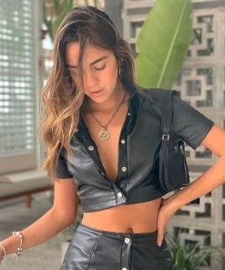 Trendy & Unique 90s Short Sleeve Button Up Collared Crop Leather Blouse - Black What's New 9 Trendy & Unique 90s Short Sleeve Button Up Collared Crop Leather Blouse - Black What's New