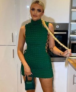 Trendy & Unique Check Effect Mock Neck Lace Up Cutout Club Mini Dress - Emerald Green What's New