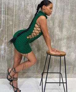 Trendy & Unique Check Effect Mock Neck Lace Up Cutout Club Mini Dress - Emerald Green What's New