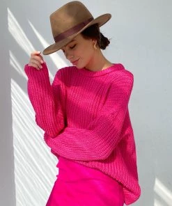 Trendy & Unique Oversized Ribbed Candy Color Crewneck Pullover Sweater - Rose