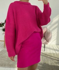 Trendy & Unique Oversized Ribbed Candy Color Crewneck Pullover Sweater - Rose