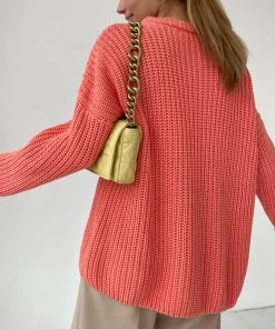 Trendy & Unique Oversized Ribbed Candy Color Crewneck Pullover Sweater - Rose
