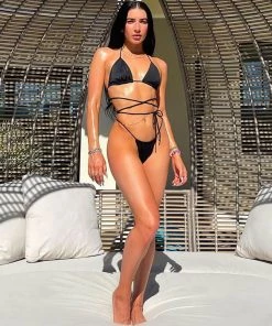 Trendy & Unique Multi Way Ruched Tie String Sliding Triangle Bikini Set - Black