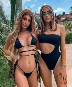 Trendy & Unique Multi Way Ruched Tie String Sliding Triangle Bikini Set - Black