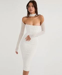 Trendy & Unique Sexy Cut Out Long Sleeve Mesh Corset Cocktail Midi Dress - White What's New