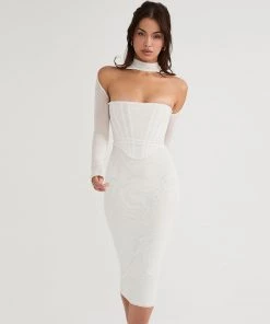 Trendy & Unique Sexy Cut Out Long Sleeve Mesh Corset Cocktail Midi Dress - White What's New