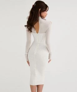 Trendy & Unique Sexy Cut Out Long Sleeve Mesh Corset Cocktail Midi Dress - White What's New