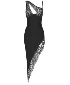 Trendy & Unique What's New Sexy Cut Out One Shoulder Lace Trim High Slit Cocktail Midi Dress - Black 10 Trendy & Unique What's New Sexy Cut Out One Shoulder Lace Trim High Slit Cocktail Midi Dress - Black