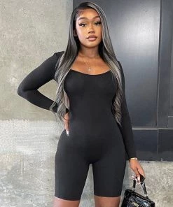 Trendy & Unique Active Chain Strap Scoop Neck Long Sleeve Backless Romper - Black What's New