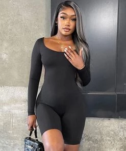 Trendy & Unique Active Chain Strap Scoop Neck Long Sleeve Backless Romper - Black What's New