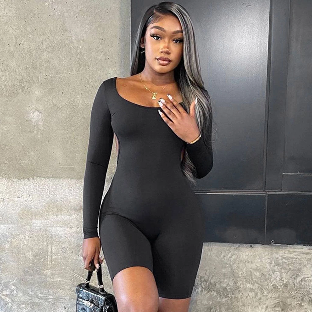 Trendy & Unique Active Chain Strap Scoop Neck Long Sleeve Backless Romper - Black What's New 4 Trendy & Unique Active Chain Strap Scoop Neck Long Sleeve Backless Romper - Black What's New