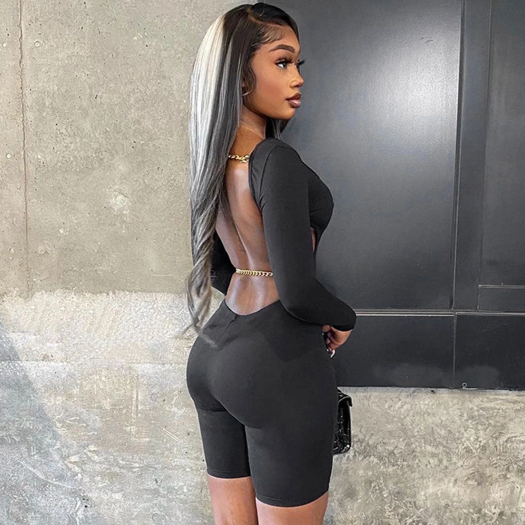 Trendy & Unique Active Chain Strap Scoop Neck Long Sleeve Backless Romper - Black What's New 5 Trendy & Unique Active Chain Strap Scoop Neck Long Sleeve Backless Romper - Black What's New