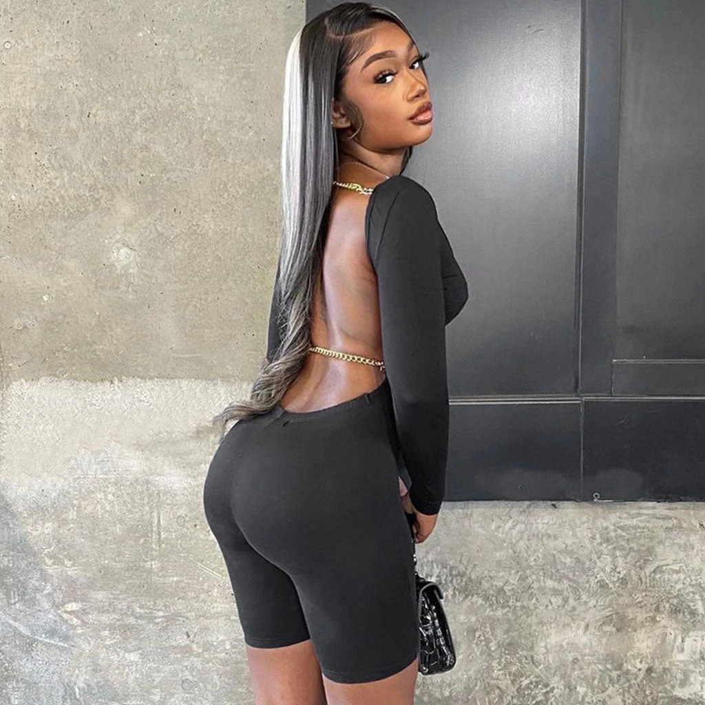 Trendy & Unique Active Chain Strap Scoop Neck Long Sleeve Backless Romper - Black What's New 6 Trendy & Unique Active Chain Strap Scoop Neck Long Sleeve Backless Romper - Black What's New