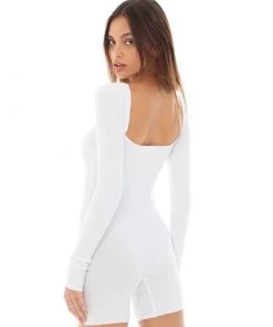 Trendy & Unique Active Square Neck Long Sleeve Ribbed Bike Short Romper - White What's New