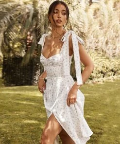 Trendy & Unique Adorable Daisy Printed High Slit A-Line Slip Midi Sundress - White What's New