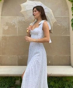 Trendy & Unique Adorable Daisy Printed High Slit A-Line Slip Midi Sundress - White What's New