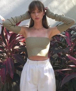 Trendy & Unique Adorable Long Sleeve Ribbed Crop Tube Top - Army Green What's New