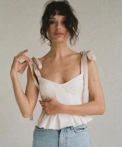 Trendy & Unique Adorable Tied Strap Pleated Trim Bustier Crop Top - White What's New