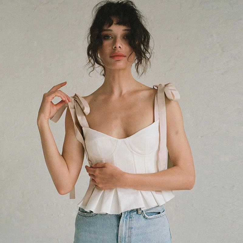 Trendy & Unique Adorable Tied Strap Pleated Trim Bustier Crop Top - White What's New 3 Trendy & Unique Adorable Tied Strap Pleated Trim Bustier Crop Top - White What's New