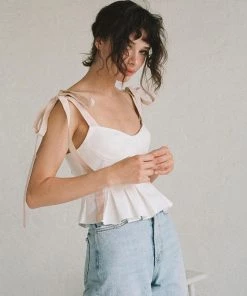 Trendy & Unique Adorable Tied Strap Pleated Trim Bustier Crop Top - White What's New