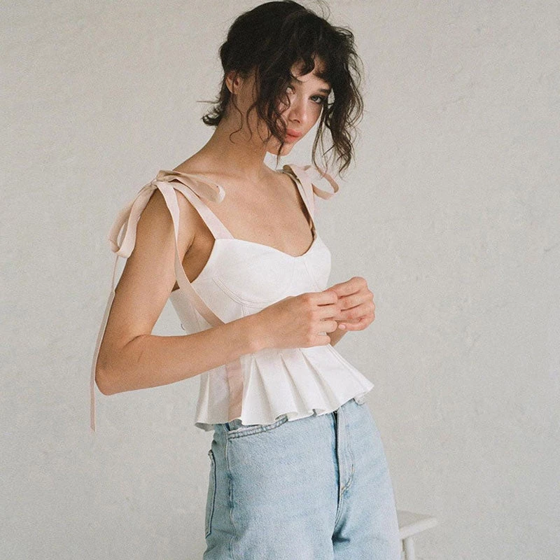 Trendy & Unique Adorable Tied Strap Pleated Trim Bustier Crop Top - White What's New 4 Trendy & Unique Adorable Tied Strap Pleated Trim Bustier Crop Top - White What's New