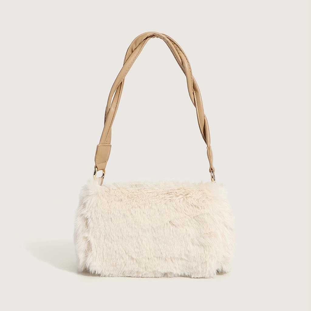 Trendy & Unique What's New Adorable Twist Shoulder Strap Zip Top Fluffy Shoulder Bag - White 4 Trendy & Unique What's New Adorable Twist Shoulder Strap Zip Top Fluffy Shoulder Bag - White