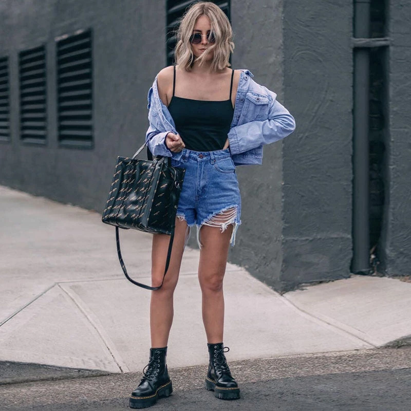 Trendy & Unique Asymmetric High Waist Cut Out Distressed Denim Shorts - Blue What's New 4 Trendy & Unique Asymmetric High Waist Cut Out Distressed Denim Shorts - Blue What's New