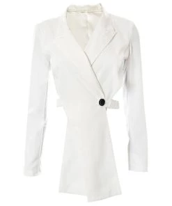 Trendy & Unique Asymmetric Wrap Front Collared V Neck Long Sleeve Blazer - White What's New