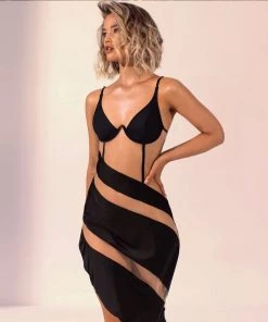 Trendy & Unique What's New Asymmetrical Bustier Floss Strap Mesh Panel Sheer Dress - Black