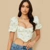 Trendy & Unique What's New Asymmetrical Floral Printed Bustier Puff Sleeve Crop Top - White
