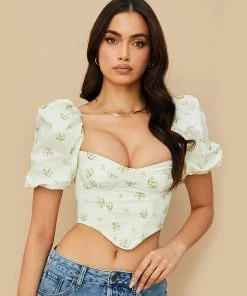 Trendy & Unique What's New Asymmetrical Floral Printed Bustier Puff Sleeve Crop Top - White