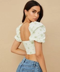 Trendy & Unique What's New Asymmetrical Floral Printed Bustier Puff Sleeve Crop Top - White