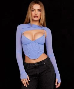 Trendy & Unique Asymmetrical Long Sleeve Floss Strap Bustier Mesh Panel Crop Top - Purple What's New
