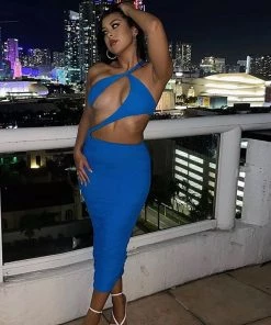 Trendy & Unique What's New Asymmetrical One Shoulder Ruched Cutout Club Midi Dress - Blue