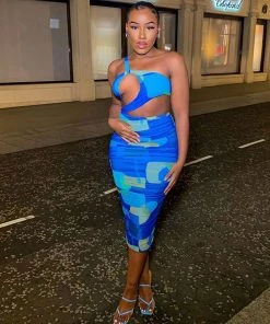 Trendy & Unique Asymmetrical One Shoulder Ruched Cutout Club Midi Dress - Multicolor