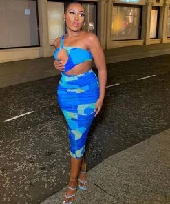 Trendy & Unique Asymmetrical One Shoulder Ruched Cutout Club Midi Dress - Multicolor