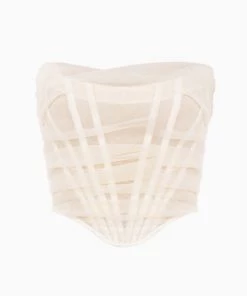 Trendy & Unique Sheer Style Asymmetrical Ruched Strapless Mesh Corset Top - Ivory